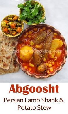 an image of afghan lamb shank and potato stew with pita bread on the side