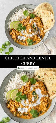 two bowls filled with chickpea and lentil curry