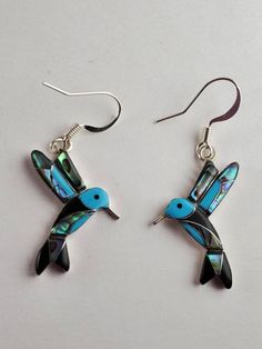 Super cute hummingbird earrings inlay with turquoise, abalone, and onyx. Sterling silver but light weight. Turquoise Inlay Earrings Gift, Turquoise Inlay Earrings As Gift, Cute Hummingbird, Hummingbird Earrings, Earrings Turquoise, Fun Earrings, Cute Earrings, Onyx, Dangle Drop Earrings