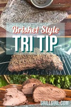 the grill is full of meat and vegetables, with text overlay that reads brisket style trip