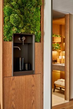 a green wall mounted on the side of a wooden cabinet with two cups in it