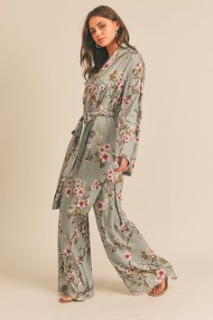 Print Kimono Robe FABRIC & FIT: Model is wearing size Small. Green Spring Sleep Bottoms, Spring Full-length Loungewear Sleepwear, Spring Full Length Loungewear Sleepwear, Full-length Spring Loungewear Sleepwear, Spring Full Length Sleepwear For Loungewear, Floral Print Sleep Bottoms For Spring, Spring Floral Print Sleep Bottoms, Spring Sleep Bottoms With Floral Print, Floral Print Kimono