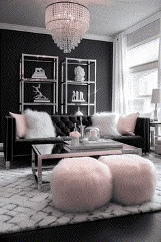 a living room with black walls and white fur on the floor, chandelier