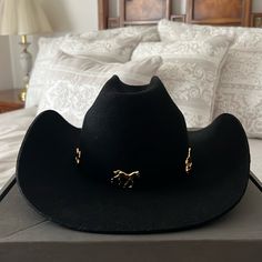 Hurricane Labs Black Cowboy Hat. Brand Is Based In Portugal. Fabric Is Wool. Gold Pendants Places On Rim Of Hat Cool Cowboy Hats, Cowboy Chicken, Baby Cowboy Hat, Cowboy Accessories, Small Hats, Mens Cowboy Hats, Concert Ideas, Benson Boone, Black Cowboy Hat