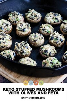 Pinterest image of Keto Stuffed Mushrooms with Olives and Feta in cast iron skillet. Feta Stuffed Mushrooms, Keto Stuffed Mushrooms, Gluten Free Super Bowl, Low Carb Stuffed Mushrooms, Superbowl Food Appetizers, Feta Cheese Recipes, Keto Thanksgiving, Superbowl Appetizers, Thanksgiving Dinner Recipes