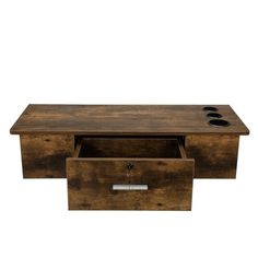 a wooden table with two drawers on top and one drawer open to show the contents