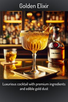 Golden Elixir an AI created cocktail. Luxurious cocktail with premium ingredients and edible gold dust Edible Gold Dust, Low Calorie Cocktails, Spring Cocktails