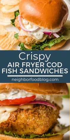 crispy air fryer fried fish sandwiches with lettuce, tomato and onion