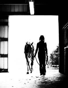 a woman leading a horse out of a barn with the light shining on her face