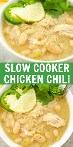 two bowls of slow cooker chicken chili with limes and cilantro on the side