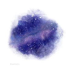 an abstract blue and purple painting with stars in the sky, on a white background