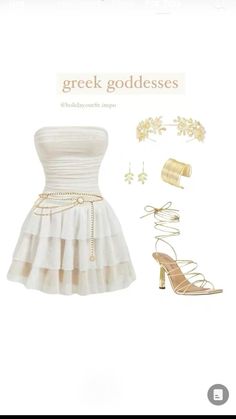 a white dress with gold accessories and heels on it's side, in front of the words greek goddesss