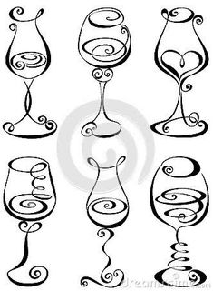 wine glasses with swirly designs on the rims and stemings, hand drawn in black ink