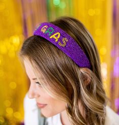 This fun headband is perfect to wear through out Mardi Gras Season! Platform Heels Boots, Mardi Gras Beads, Sandal Platform, Beaded Headband, Blue And White Dress, Platform Sandals Heels, Dress Romper, Bow Headband, Mardi Gras