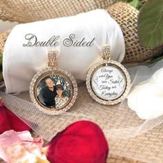 the bride and groom are shown in their personalized photo pendants with swarong crystals