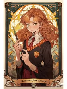 a girl with long red hair holding a wand