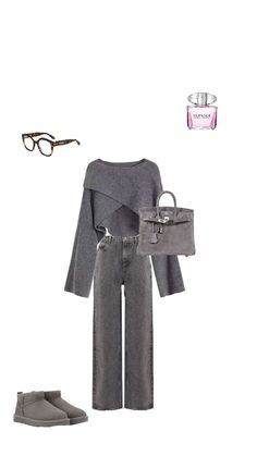 a woman's outfit with glasses, grey sweater and gray bag on white background