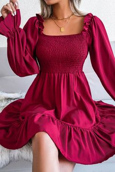 Be My Guest Smocked Long Sleeve Mini Dress – roschic Maroon Fabric, Bohemian Mini Dress, Robes Glamour, Flare Long Sleeve, Chiffon Fashion, Mini Dress Fashion, Design Dresses, Square Neck Dress, Ruffle Mini Dress