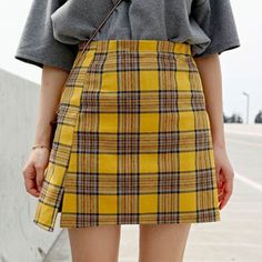 Plaid Check Mini Skirt yellow Plaid Skirt Aesthetic, Boogzel Apparel, Retro Summer Outfits, Grunge Summer Outfits, Yellow Plaid Skirt, Summer Outfits Y2k, Skirt Aesthetic, Egirl Fashion, Trendy Tank Tops