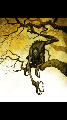 a painting of a demon on a tree branch