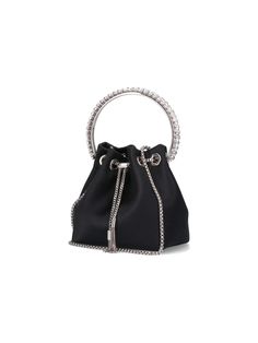 Jimmy Choo 'Bon Bon' bucket bag in black satin, top handle with crystal detail, removable adjustable chain shoulder strap, drawstring closure, single inner compartment. Composition: 100% Satin Party Shoulder Bag With Silver-tone Hardware, Bucket Shape, Evening Bucket Bag With Detachable Handle, Party Bucket Shoulder Bag With Silver-tone Hardware, Elegant Bucket Bag For Events, Handheld Bucket Bag With Top Carry Handle For Party, Party Bucket Bag With Silver-tone Hardware, Elegant Party Bucket Bags, Elegant Evening Bucket Bag With Silver-tone Hardware, Luxury Handheld Bucket Bag For Evening