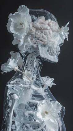 a skeleton with flowers on its head and body in the shape of a human skull