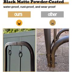 there are two different types of black matte powder coated posts and one has a smiley face on it