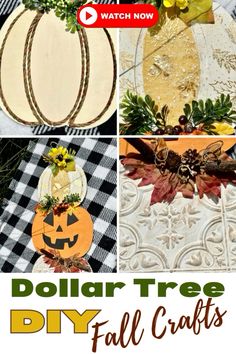 dollar tree diy fall crafts with pumpkins, leaves and other decorations on it