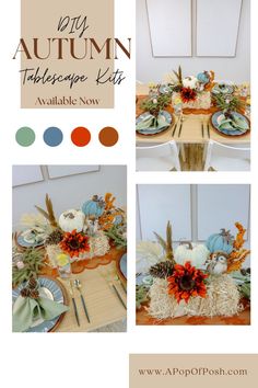 an autumn table setting with pumpkins and flowers