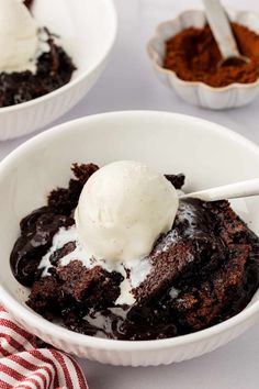 two bowls filled with brownies and ice cream