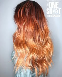 Brown To Red To Blonde Ombre Hair, Copper Blonde Ombre Hair, Brunette To Ginger Ombre, Red To Blonde Ombre Hair Balayage, Summer Copper Hair Strawberry Blonde, Red Hair With Blonde Highlights Balayage, Ginger Ombre Hair, Red And Blonde Ombre, Ombré Red Hair