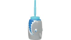 a blue and white toothbrush holder with an elephant design on the top, sitting in front of a white background