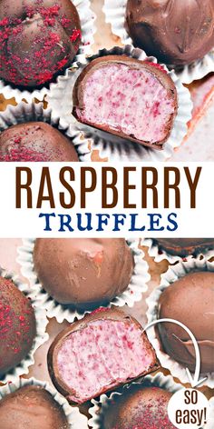 raspberry truffles with chocolate on top and the words, easy to make