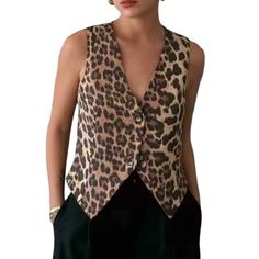 Leopard Print Dressy Tailored Suit Vest Front Buttons Black Satin Lining Fitted Style 100% Polyester Size - L Pit To Pit - 19” Length - 19” Brand New Dressy Vest, Tailored Suit, Fitted Style, Suit Vest, Black Satin, Womens Vest, Vest Jacket, Suits For Women, Leopard Print