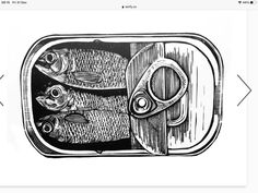 an ink drawing of fish in a can