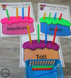 three birthday candles are shown with the words short and tall in front of each other