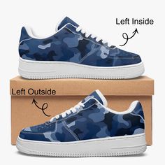 Blue Camo Vegan Leather Shoes, Navy Camouflage Men Women Sneakers Whit – Starcove Fashion Navy Camouflage, Designer Flats, White Sneakers Women, Blue Camo, Women Sneakers, Casual Design, Casual Flats, Sneakers White, Leather Sneakers