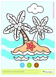 a coloring book with an image of a palm tree and starfish in the water