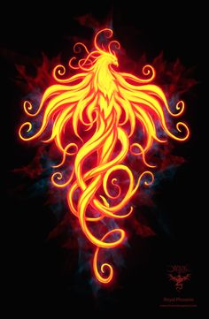 a yellow and red fire bird with swirls on it's wings, against a black background