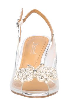 A crystal-embellished butterfly seems to hover at the peep toe of this event-ready slingback featuring memory-foam cushioning that offers lasting comfort. 2 1/4" heel Memory foam cushioning Synthetic upper, lining and sole Imported Clear Sandals For Spring Wedding, Spring Wedding Clear Sandals, Glamorous Clear Sandals For Wedding, Silver Slingback Pumps For Summer Gala, Silver Open Toe Slingback Pumps For Wedding, Elegant Clear Sandals For Wedding, Glamorous Silver Open Toe Slingback Pumps, Wedding Synthetic Slingback Pumps, Spring Wedding Slingback Pumps With Rhinestones