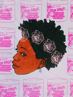 a drawing of a woman's head with flowers in her hair on a pink and white background