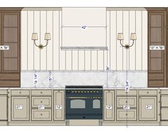 an image of a kitchen with measurements for the cabinets and stove top oven in it