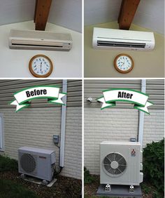 four different air conditioners with signs on the side of them that say before and after