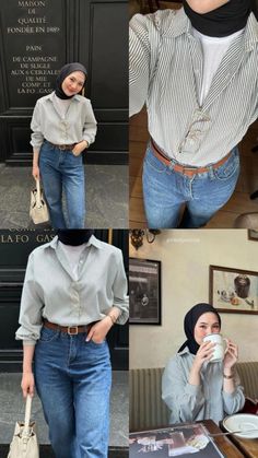 Hairstyles For Shirt And Jeans, Ootd Hijab Jeans Style, Outfit Jeans Biru, Casual Hijab Outfit Jeans, Outfit Jaket Jeans, Denim Outfit Hijab, Ootd Jaket Jeans, Outfit Jeans Hijab, Outfit Celana Jeans