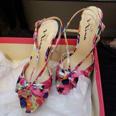 Multi Color Satin Material Never Worn Super Comfortable Multicolor Pointed Toe Sandals For Summer, Pink Pointed Toe Sandals For Spring, Pink Flat Heels For Spring, Multicolor Floral Print Synthetic Sandals, Pink Closed Toe Summer Heels, Summer Pink Closed Toe Heels, Pink Ankle Strap Heels For Vacation, Pink High Heel Summer Heels, Pink Floral Print Sandals For Spring