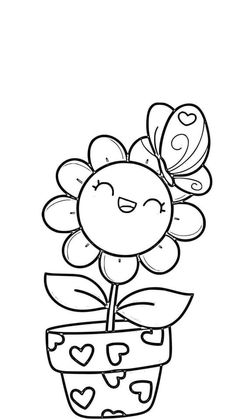 a black and white drawing of a flower in a pot with a butterfly on it