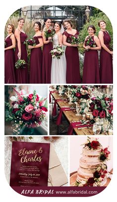 the bride and her bridals are posing with their wedding party in burgundy dresses