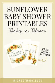 the sunflower baby shower printables are shown