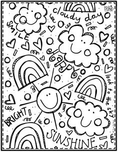 a black and white coloring book page with lots of doodles on the pages, including hearts