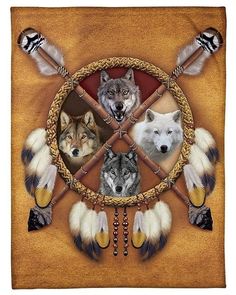 three wolfs in a dream catcher with feathers and beads on the front, surrounded by arrows